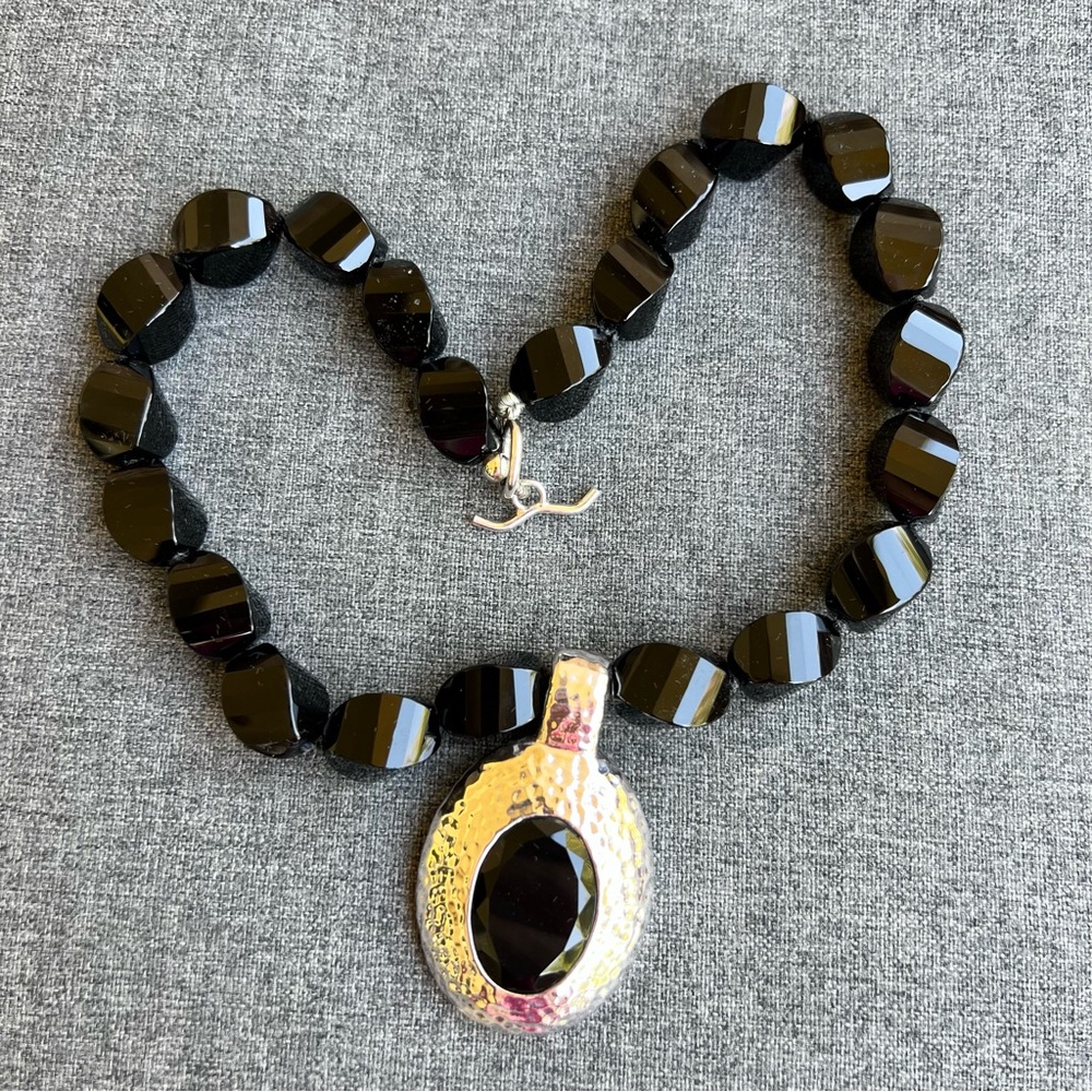 Black Beaded Necklace with 925 Sterling Silver Pendant